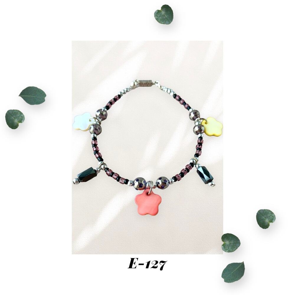 Flower Mother of Pearl Shell Drop Anklet - Purple and Black